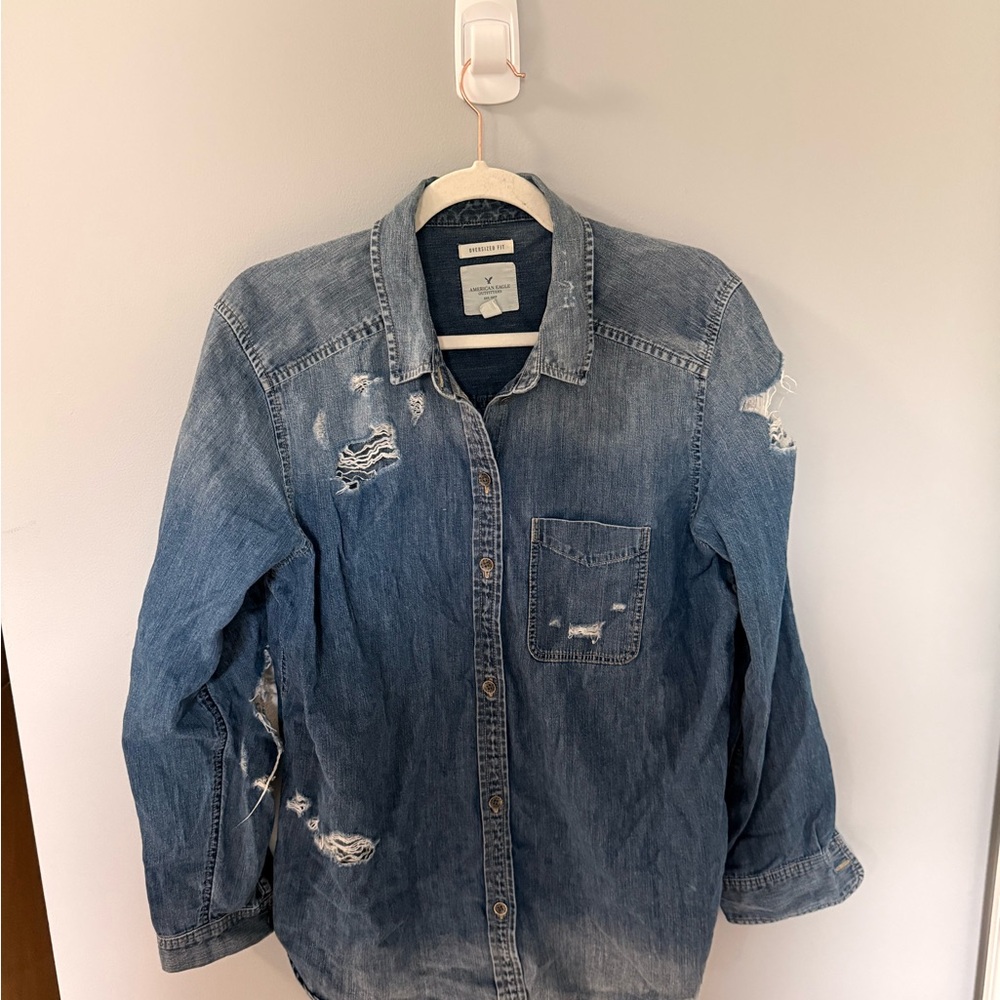 Distressed Denim Button-Up Shirt - Blue